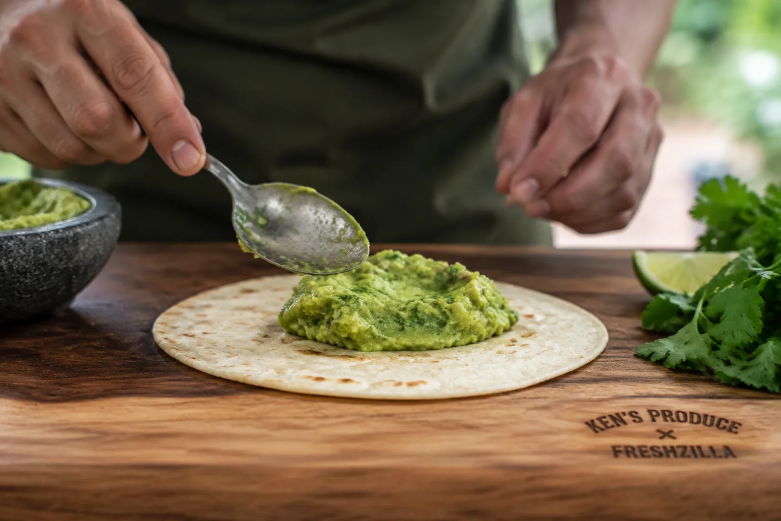 A chef plating fresh guacamole onto a tortilla on a branded cutting board